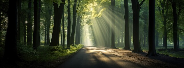 countryside forest road with sunlight ray shine through tree canopy, Generative Ai