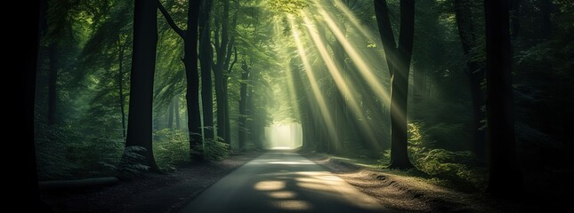 Naklejka premium countryside forest road with sunlight ray shine through tree canopy, Generative Ai