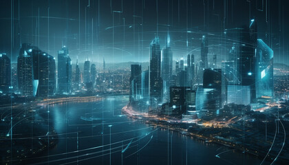 Futuristic skyscrapers illuminate the city at night generated by AI