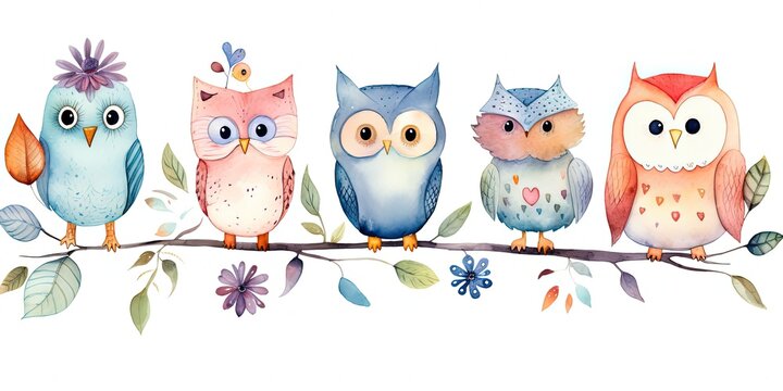 watercolor painting style cartoon clipart cute owl birds family on tree  isolated on white background, Generative Ai