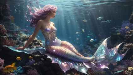Majestic Mermaid with Iridescent Shiny Scales Underwater - obrazy, fototapety, plakaty
