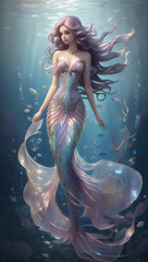 Majestic Mermaid with Iridescent Shiny Scales Underwater