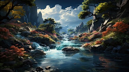 water flow illustration and other natural elements in an artistic background.