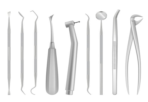 dental tools set for dentistry inspection. Teeth care, health concept. Basic metal medical equipment, instrument top view. Vector illustration isolated on white background