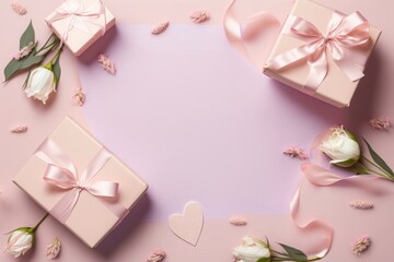 Fototapeta na wymiar Top view photo of woman's day composition gift boxes with bows pink ribbon small hearts and prairie gentian flowers on isolated pastel pink background, Generative AI