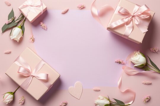 Top view photo of woman's day composition gift boxes with bows pink ribbon small hearts and prairie gentian flowers on isolated pastel pink background, Generative AI