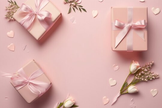 Top view photo of woman's day composition gift boxes with bows pink ribbon small hearts and prairie gentian flowers on isolated pastel pink background, Generative AI