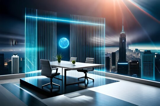 Double Exposure Of Technology Theme Abstract Hologram On Conference Room Background.