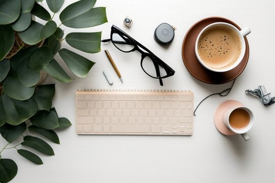 Business concept. Top view photo of workplace cup of coffee on rattan placemat wireless earbuds keyboard computer mouse copybooks glasses and eucalyptus on isolated white background, Generative AI