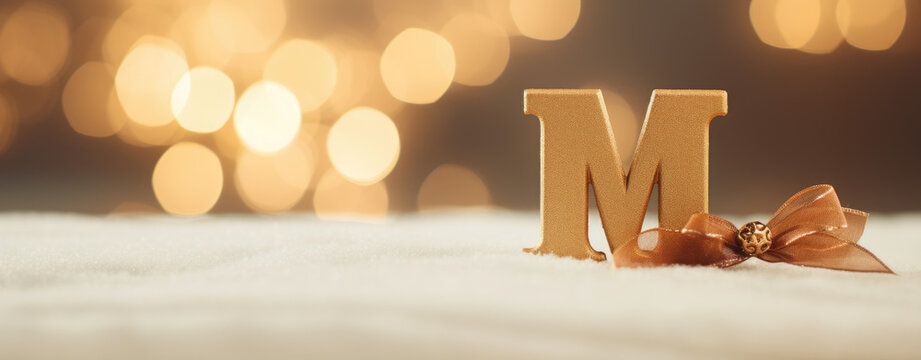 Capital Letter M Christmas Card With Christmas Decoration, Gold Background, Logo