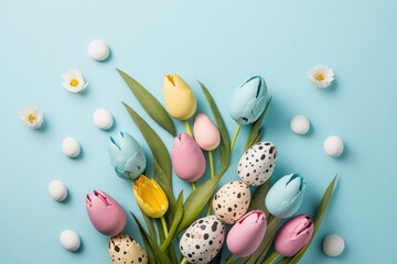 Fototapeta na wymiar Easter decorations concept. Top view photo of bunch of pussy willow colorful tulips and quail eggs on isolated pastel blue background with empty space, Generative AI