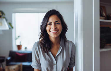 Smiling diverse businesswoman at her home