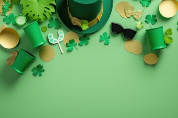Top view photo of st patricks day decorations hat shaped party glasses clovers straws green shamrocks confetti and pots with gold coins on isolated pastel green background, Generative AI - Powered by Adobe