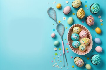 Easter cooking concept. Top view photo of colorful easter eggs in plate whisk paper baking molds cupcake shaped gingerbread and sprinkles on isolated pastel blue background with, Generative AI