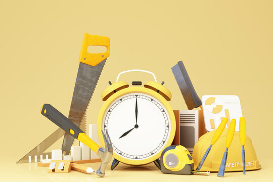 Labor Day, ideas for workers Safety First for life safety and health at work Surrounded by tools Hammer and measuring tape and wearing a construction hat and clock. 3d rendering