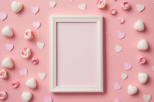 Mother's Day concept. Top view photo of photo frame white and pink rose buds small hearts and sprinkles on isolated pastel pink background, Generative AI