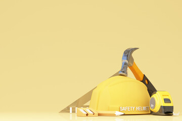 Concept for workers Safety First for the safety of life and health at work. Surrounded by tools, a hammer and a tape measure, wearing a construction helmet. 3d rendering - obrazy, fototapety, plakaty