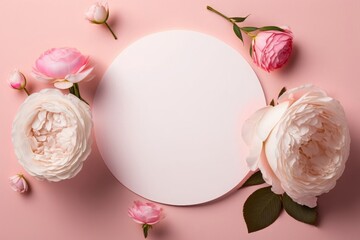 Fototapeta na wymiar Women's Day concept. Top view photo of white circle and pink peony roses on isolated pastel pink background with copyspace, Generative AI