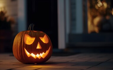 lively orange jack-o'-lantern pumpkin is placed in the front yard of the house, illuminating the surroundings.