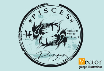 astrologi Pisces  element, Abstract grunge stamp with the Pisces  symbol from the horoscope, Grunge Round zodiac sign Pisces