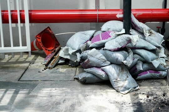 A pile of soil bag in construction site, closeup of photo