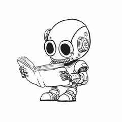 black and white cartoon line drawing of a robot reading a book