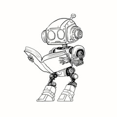 black and white cartoon line drawing of a robot reading a book