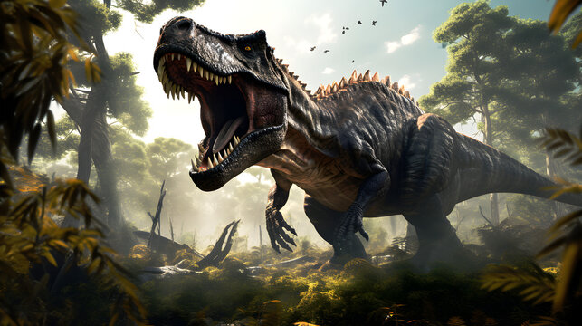 Dinosaur Roaring in the Forest AI Generated Image - Powered by Adobe