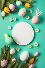 Fototapeta na wymiar Easter concept. Top view vertical photo of white blank circle ceramic easter bunnies spring flowers tulips and colorful easter eggs on isolated teal background, Generative AI