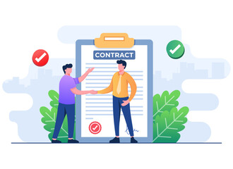  Business people shaking hands over contract, Signed paper deal contract flat illustration vector banner, Business agreement, Startup contract, suitable for website banner, landing page
