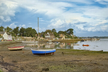 Brittany, Ile aux Moines island in the Morbihan gulf, the typical harbor and a rowboat

