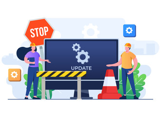 System maintenance, Error, Fixing trouble, Device updating, Software system under maintenance vector illustration, Software upgrade process on computer, System update, People update operation system