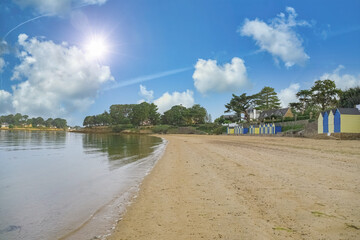 Ile-aux-Moines, in the Morbihan gulf, bathing huts on the beach
