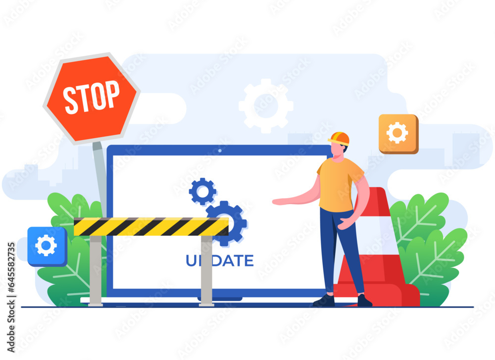 Wall mural system maintenance, error, fixing trouble, device updating, software system under maintenance vector