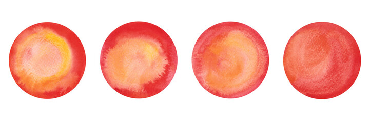 Obraz premium A set of red-orange watercolor circles, isolated spots on a white background, hand-drawn. The texture of watercolor on paper. Watercolor round backgrounds with gradient. An element for design.