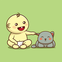 baby with cat cartoon vector illustration