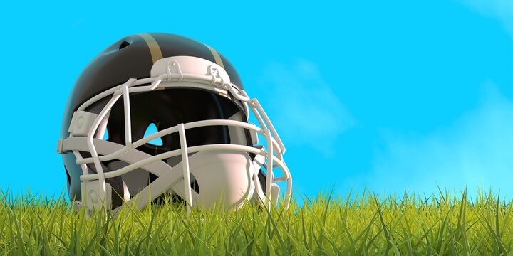 American football helmet with New Orlean Saints team colors. Green grass of footbal field. 3D render