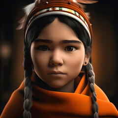A Native North American girl wearing an orange hat and scarf. Every Child Matter. Orange Day. National day for Truth and Reconciliation (ai generated)