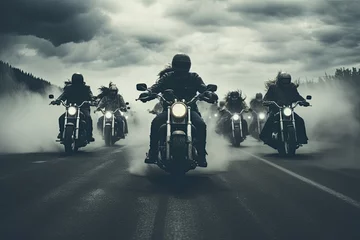 Foto op Plexiglas Silhouettes of bikers man riding speed motorcycle on empty motion road against cloudy dusky sky. Motorbike sports riding fast and having fun driving. © Stavros