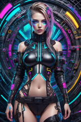 Beautiful Cyberpunk Female character. Female cyborg with futuristic hairstyle and makeup, Cyberpunk metaverse character. Concept art.