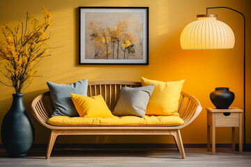Modern interior design room, wooden bench table, yellow tone in background.