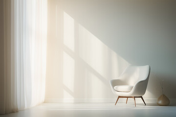 Modern minimal interior design room, big white curtain and chair.