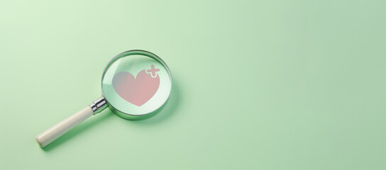 Health care checkup concept, Health insurance, Access to welfare health, Wellness, Magnifying glass focus on heart and plus icon on pastel green background, Heart disease banner with copy space