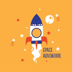 Fototapeta na wymiar tee print design for kids fashion with space rocket drawing as vector