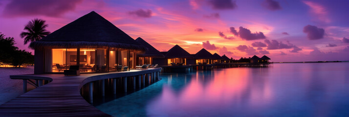 Overwater bungalows at luxurious tropical resort at sunset with purple and peach color sky - obrazy, fototapety, plakaty