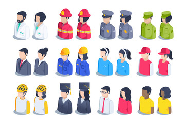 isometric vector illustration isolated on white background, people icons set, businessmen and students and workers