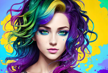 Fashionable and bright girl, Trends, Multi-colored Ombré hairstyle, On an abstract background with different colors, Generative AI