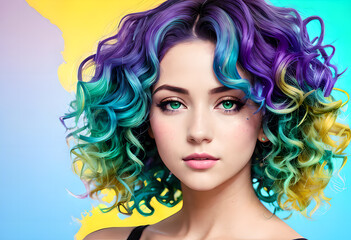Fototapeta premium Fashionable and bright girl, Trends, Multi-colored Ombré hairstyle, On an abstract background with different colors, Generative AI