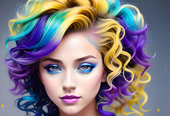 Fototapeta premium Fashionable and bright girl, Trends, Multi-colored Ombré hairstyle, On an abstract background with different colors, Generative AI