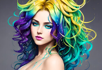 Fototapeta premium Fashionable and bright girl, Trends, Multi-colored Ombré hairstyle, On an abstract background with different colors, Generative AI